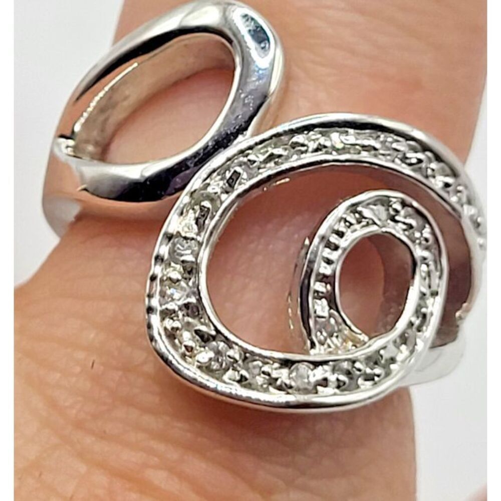 Abstract Silver tone Crystal Ring Signed S sz 7